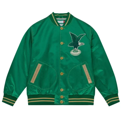 Specifications : Material: Satin (Both Gender) Lining: Viscose lining Color: Green Front: Snap-tab Buttoned Closure Collar: Rib-knitted Sleeves: Long sleeves Cuffs: Rib-knitted Hemline: Rib-knitted Stitching: Fine Pockets: Two waist pockets outside and two inside pockets Logo: Philadelphia Eagles 1938 logo on the front