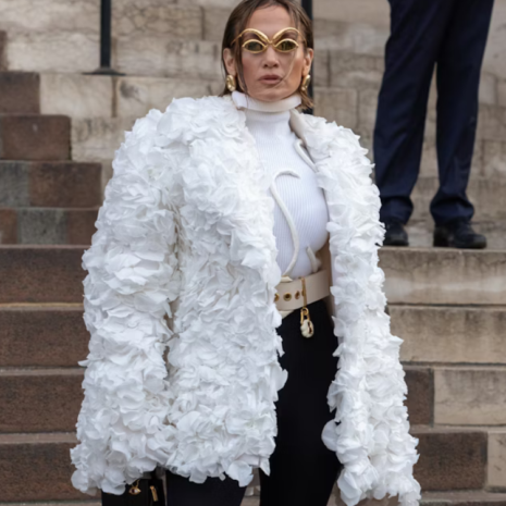 Jennifer Lopez white ruffled jacket