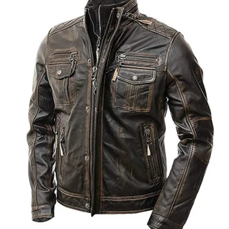 Mens Vintage Distressed Brown Cafe Racer Leather Jacket