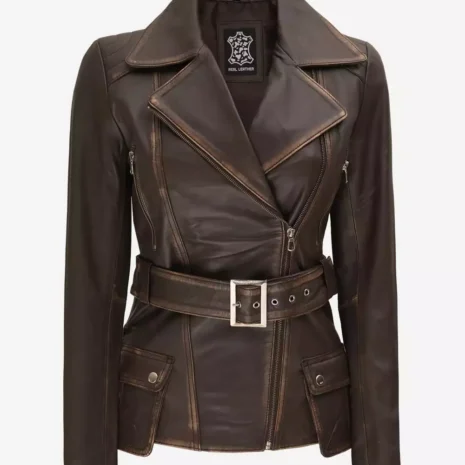 Women Dark Brown Rub Off Leather Belted Jacket